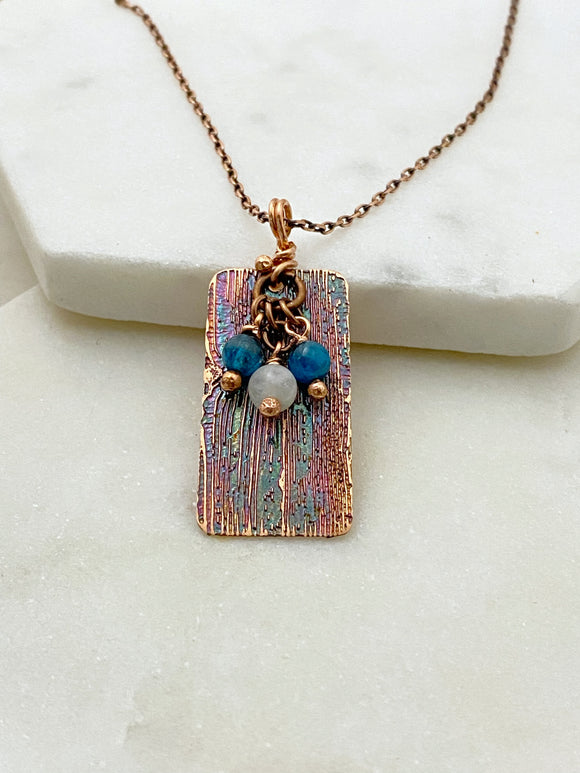 Acid etched copper necklace with apatite and moonstone gemstones
