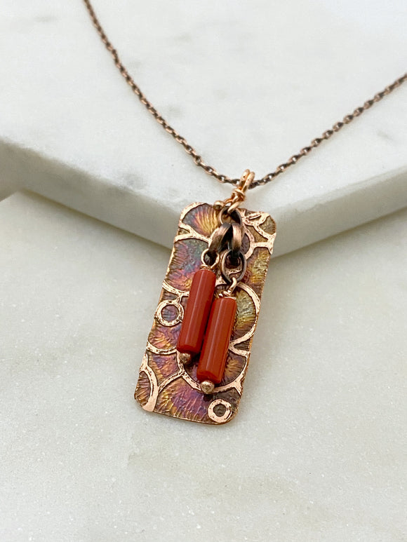 Acid etched copper necklace with coral gemstones