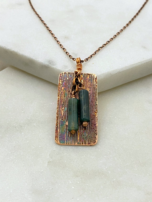 Acid etched copper necklace with moss agate gemstones