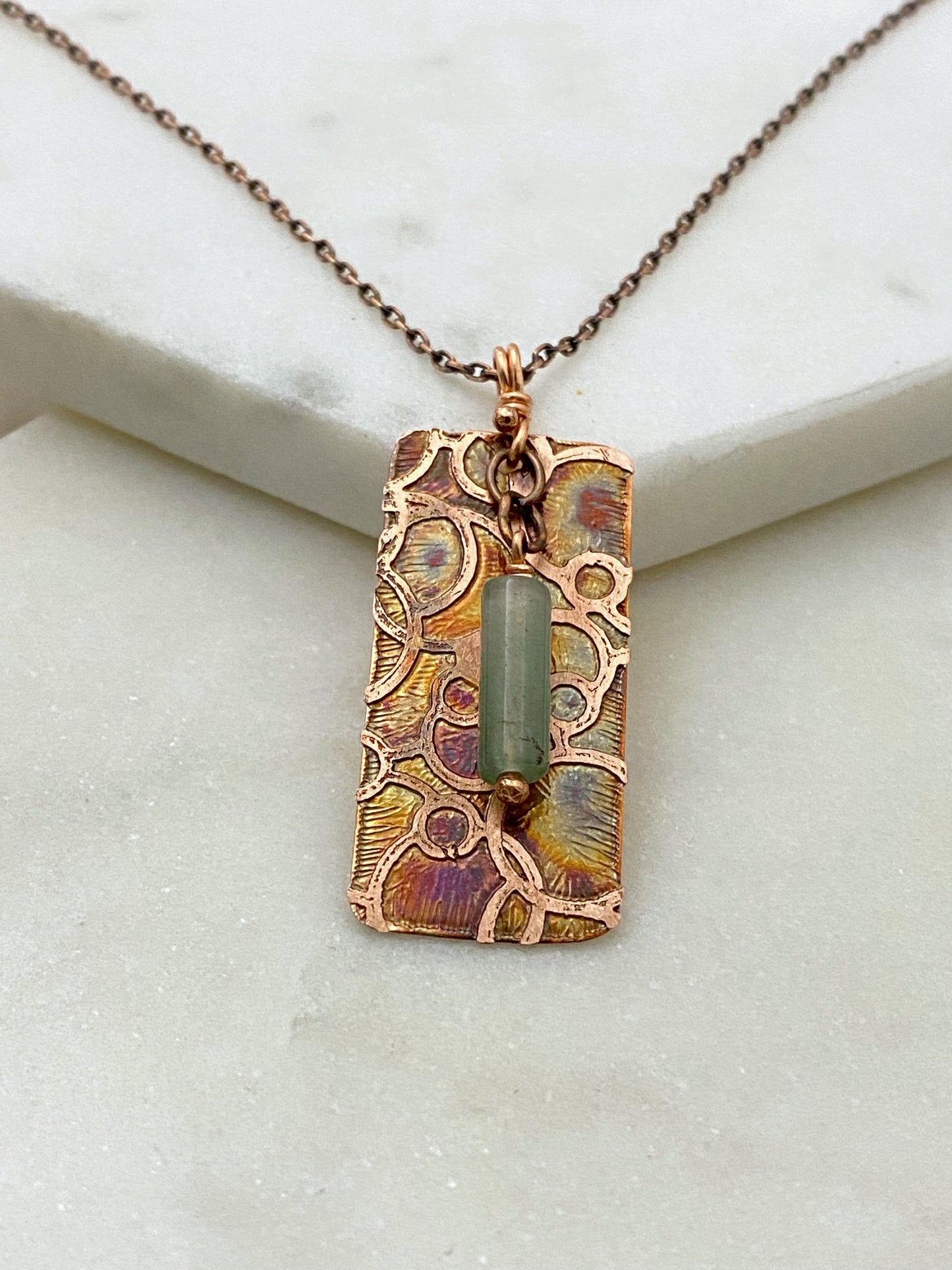 Acid etched copper necklace with aventurine gemstone