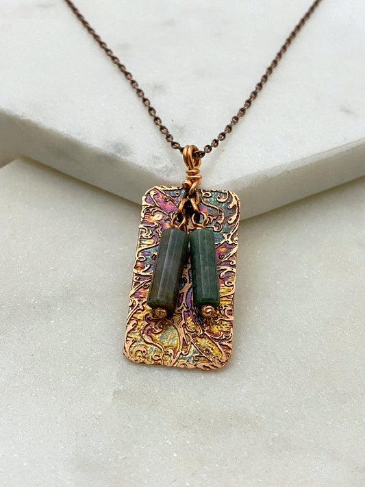 Acid etched copper necklace with moss agate gemstones