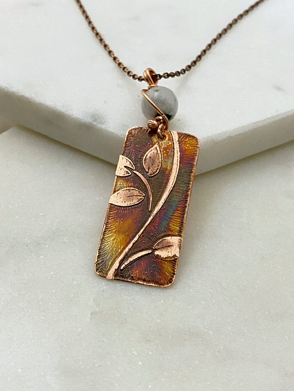 Acid etched copper leaf necklace with moonstone gemstone