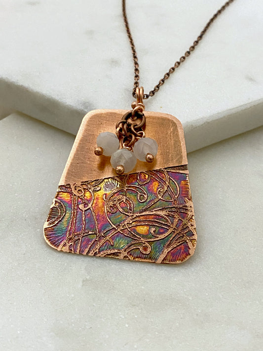 Acid etched copper necklace with moonstone gemstone