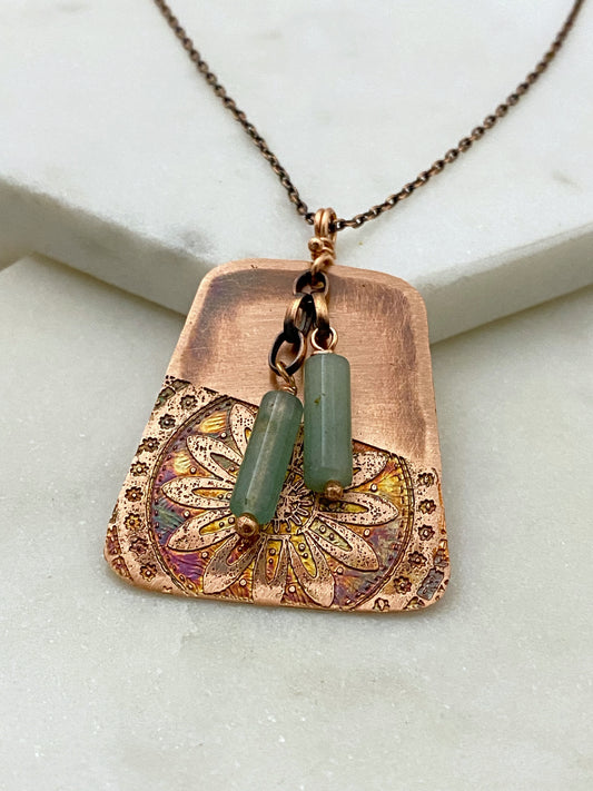 Acid etched copper necklace with aventurine gemstone