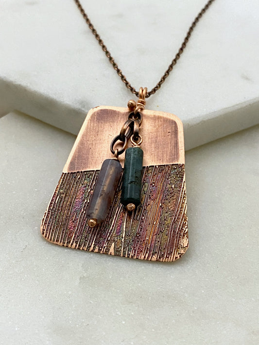 Acid etched copper necklace with moss agate gemstone