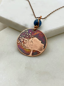 Acid etched copper blowing tree necklace with apatite gemstone
