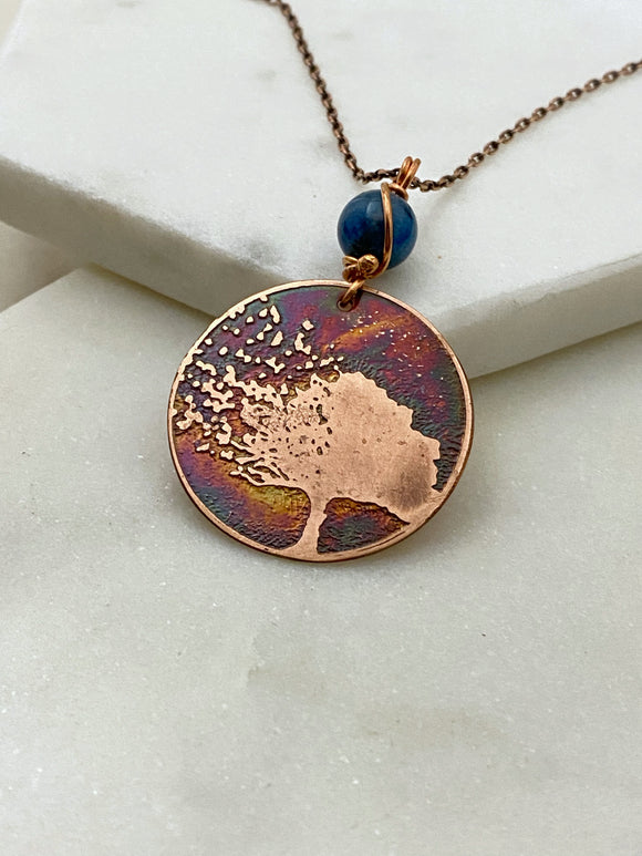 Acid etched copper blowing tree necklace with apatite gemstone