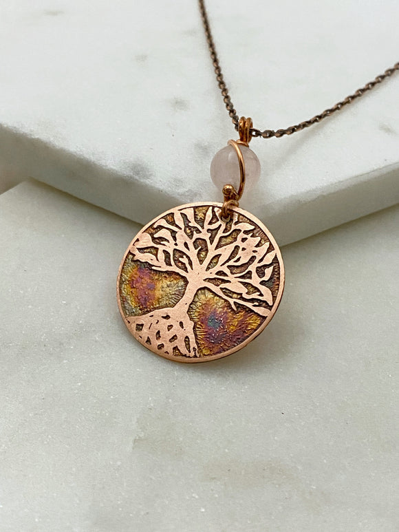 Acid etched copper tree necklace with rose quartz gemstone