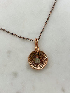 Acid etched copper necklace with prehnite gemstone