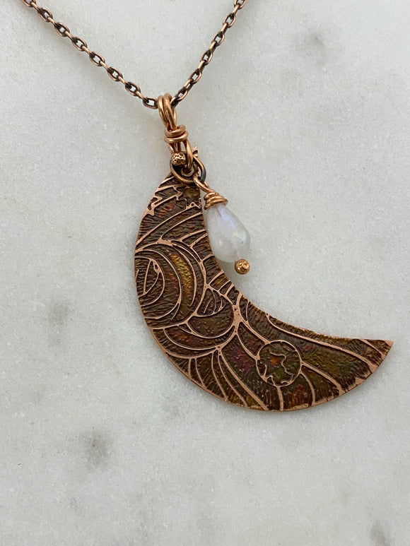Acid etched copper crescent necklace with moonstone gemstone