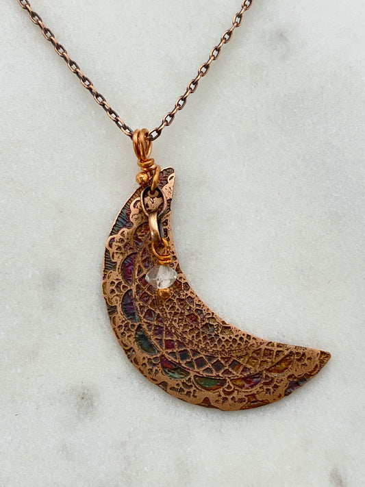 Acid etched copper crescent necklace with goshenite gemstone