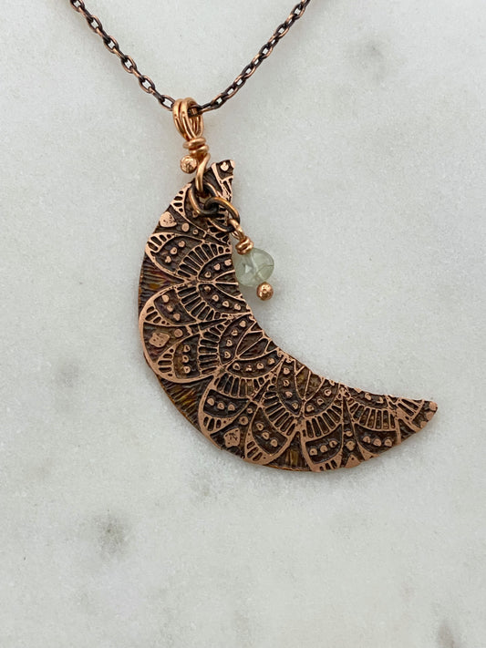Acid etched copper crescent necklace with prehnite gemstone
