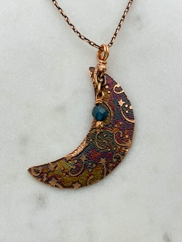 Acid etched copper crescent necklace with apatite gemstone