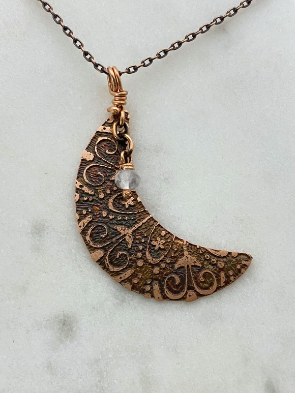 Acid etched copper crescent necklace with quartz gemstone