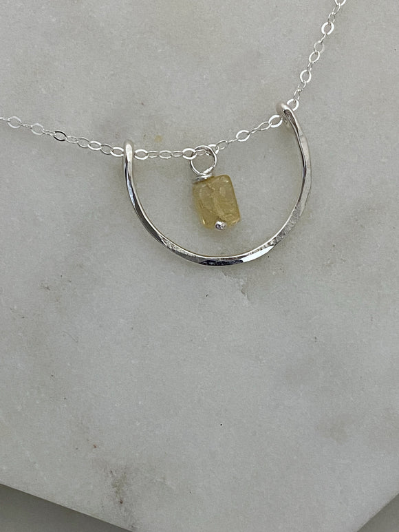 Forged sterling silver wire half moon necklace with citrine