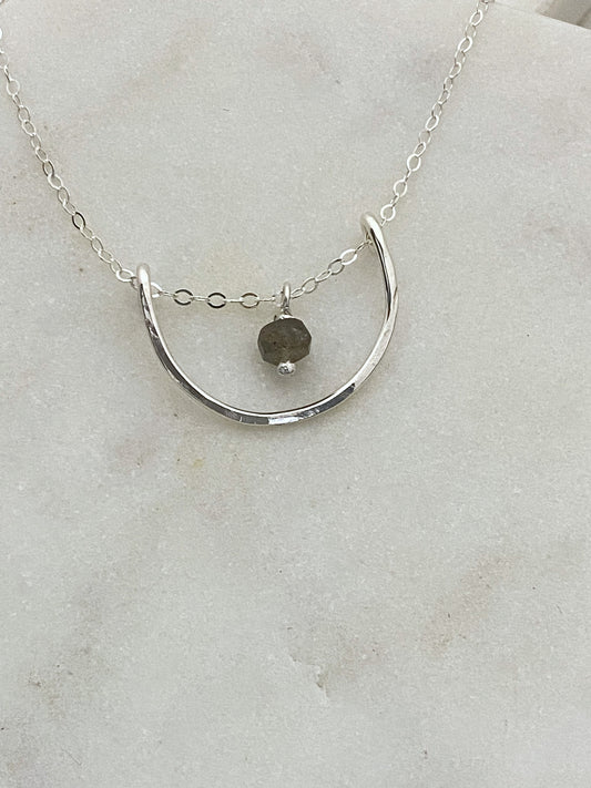 Forged sterling silver wire half moon necklace with labradorite