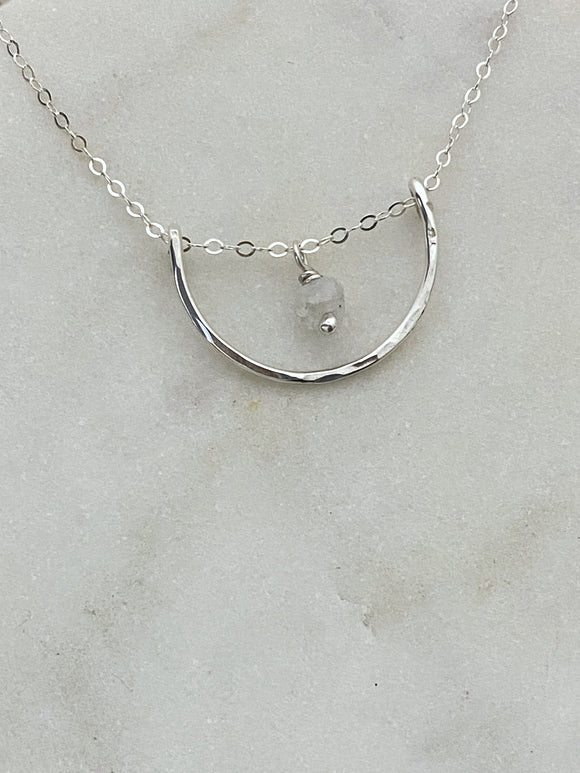 Forged sterling silver wire half moon necklace with moonstone