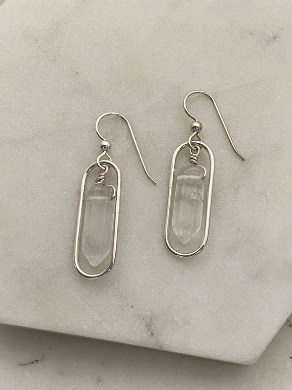Forged sterling oval earrings with quartz