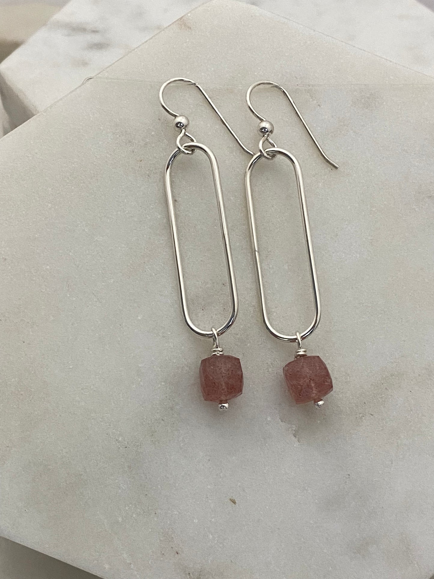 Sterling silver forged earrings with strawberry quartz gemstones