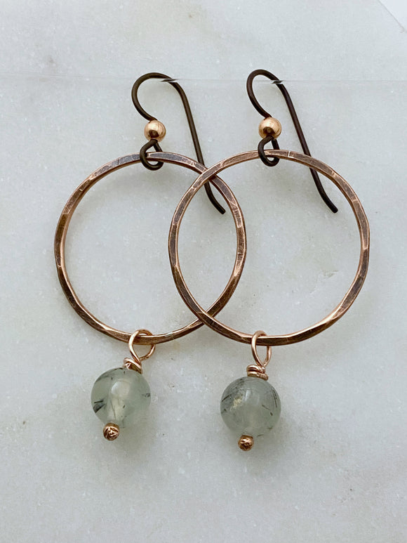Copper hoop earrings with prehnite gemstone