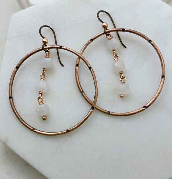 Copper and moonstone hoop earrings