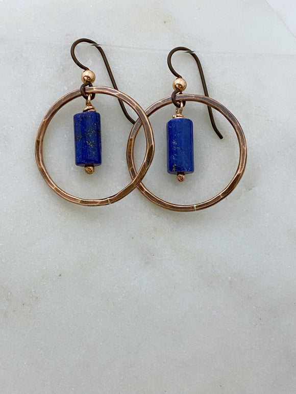 Copper hoop earrings with lapis gemstone
