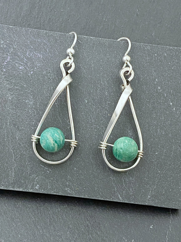 Sterling silver forged earrings with amazonite gemstones