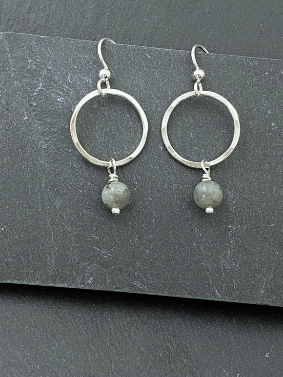 Sterling silver forged hoop earrings with labradorite gemstones
