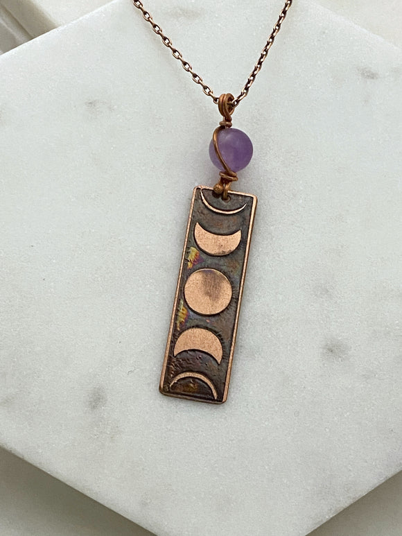 Moon phase acid etched copper necklace with amethyst gemstone