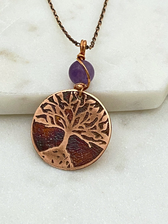 Acid etched copper tree necklace with amethyst gemstone