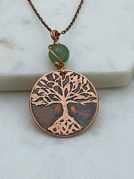 Acid etched copper tree necklace with jade gemstone