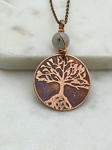 Acid etched copper tree necklace with moonstone gemstone