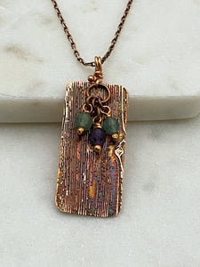Acid etched copper necklace with aventurine and amethyst