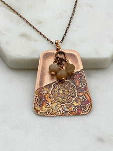 Acid etched copper necklace with coffee moonstone gemstones
