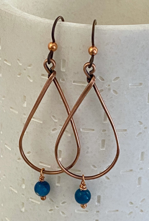 Copper teardrop hoop earrings with apatite