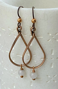 Copper teardrop hoop earrings with moonstone