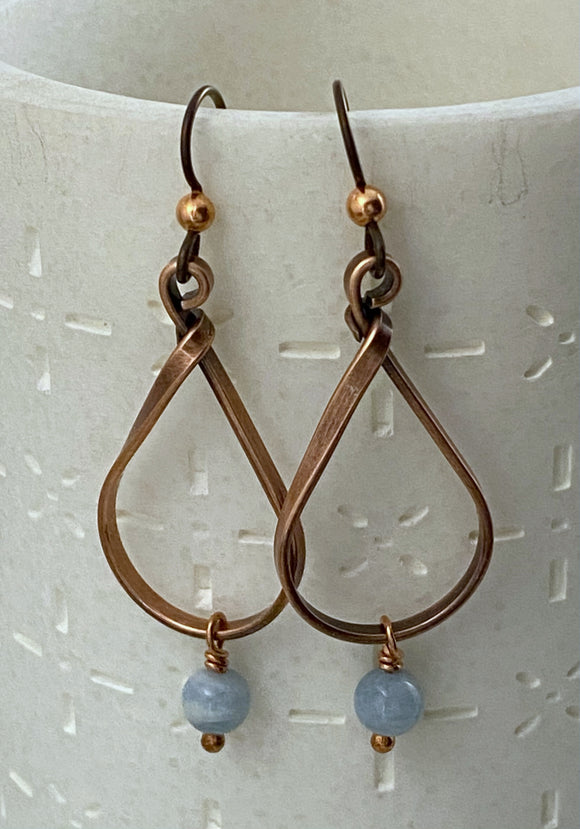 Copper teardrop hoop earrings with aquamarine