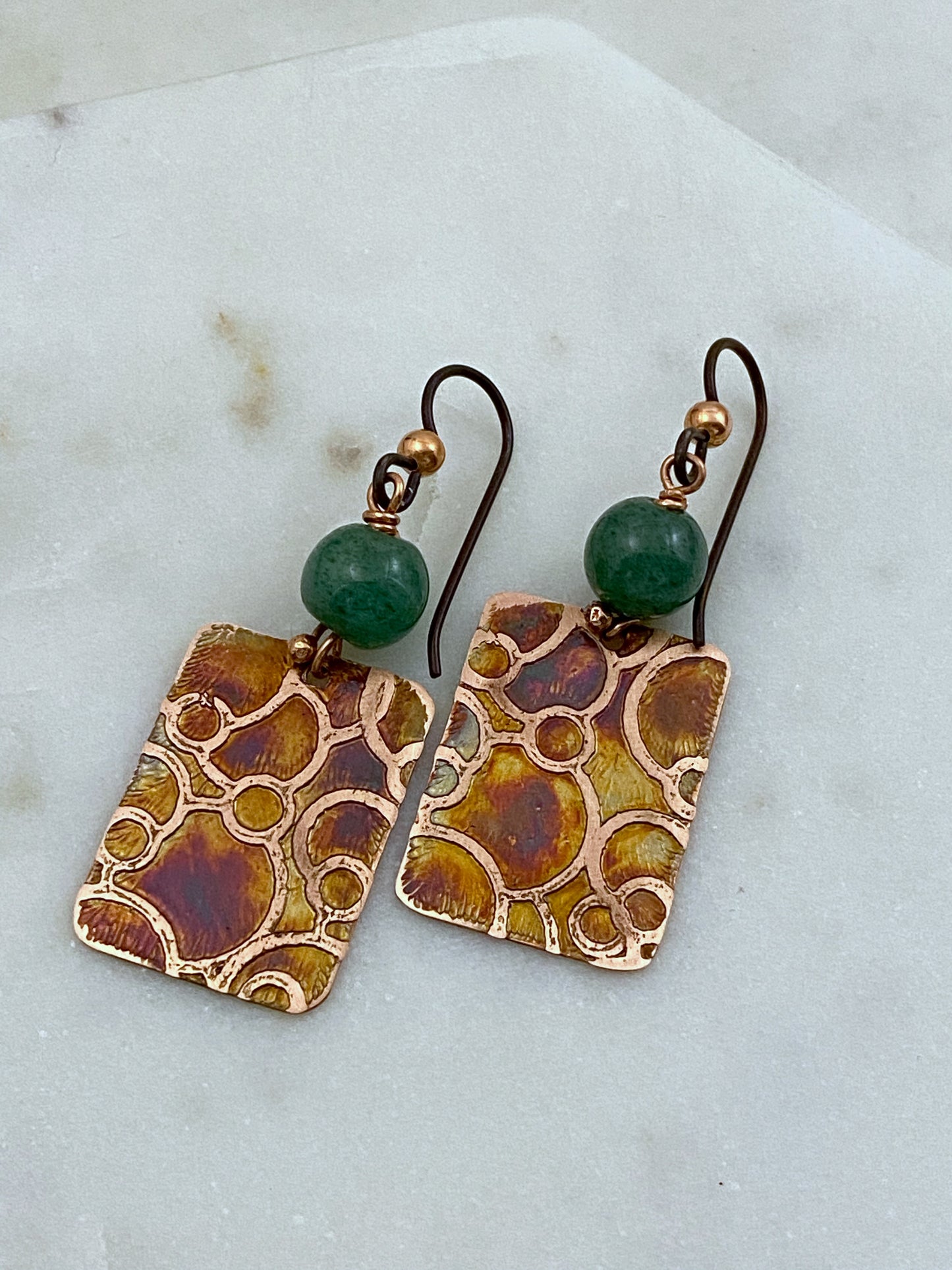 Acid  etched copper earrings with jade gemstones