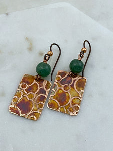 Acid  etched copper earrings with jade gemstones
