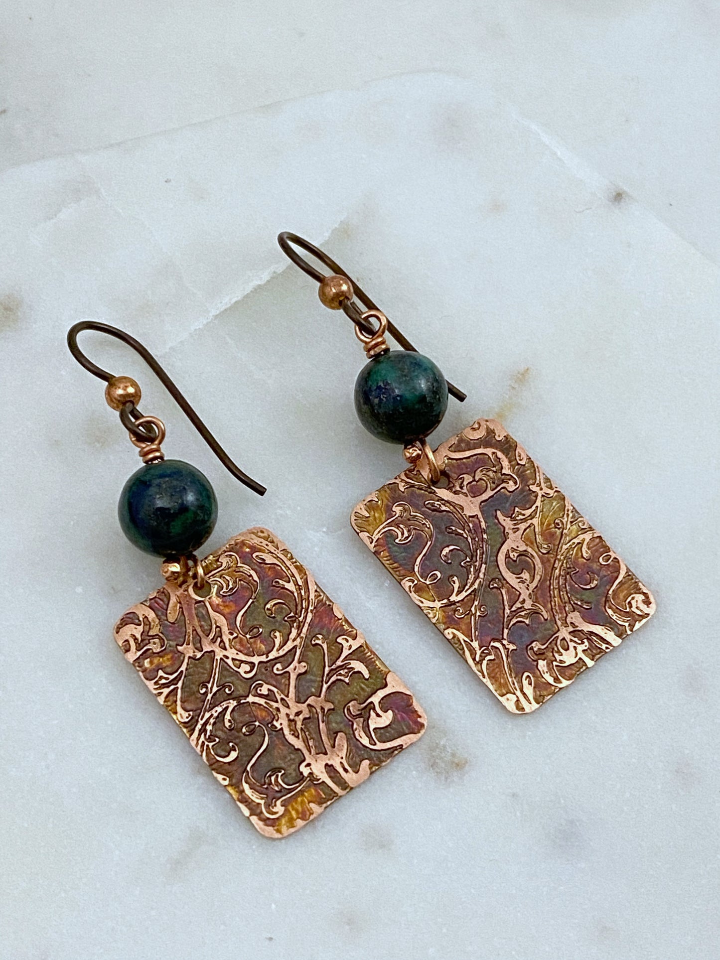 Acid  etched copper earrings with azurite chrysocolla gemstones