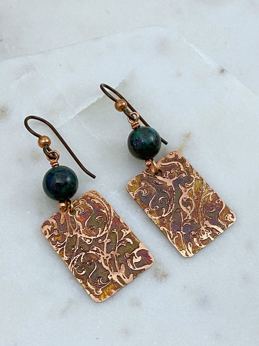 Acid  etched copper earrings with azurite chrysocolla gemstones