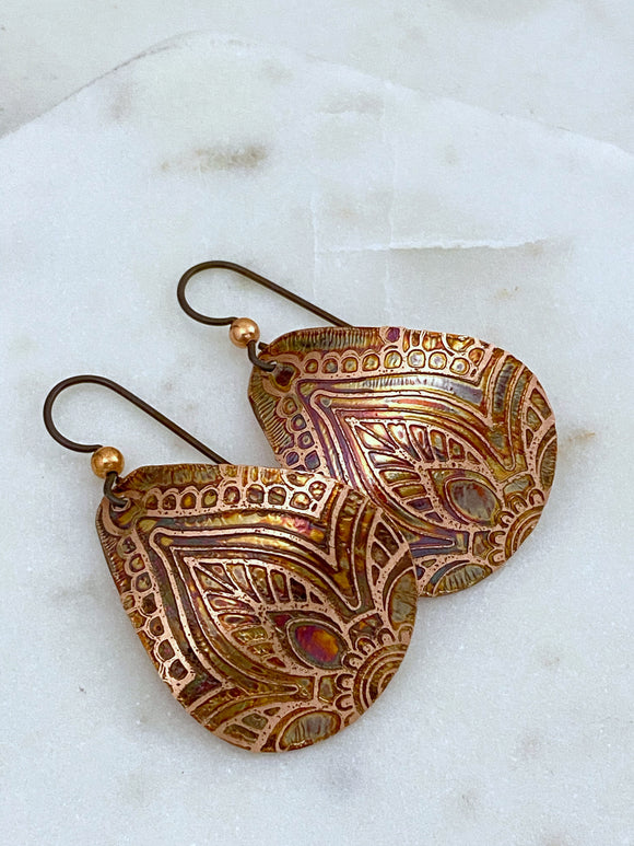 Acid etched copper medium teardrop earrings