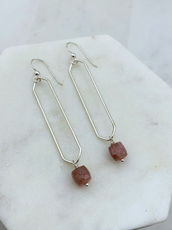 Sterling silver forged earrings with strawberry quartz gemstones