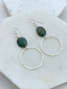 Sterling silver hoop earrings with moss agate oval gemstones