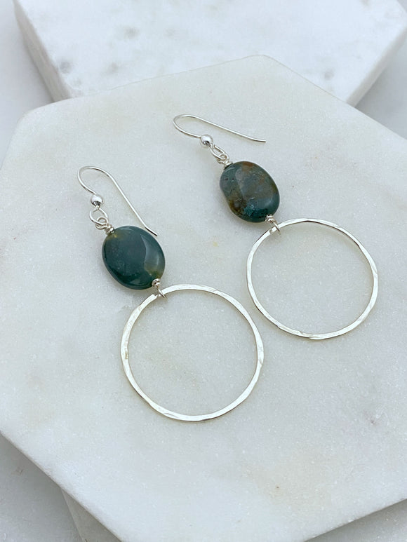 Sterling silver hoop earrings with moss agate oval gemstones