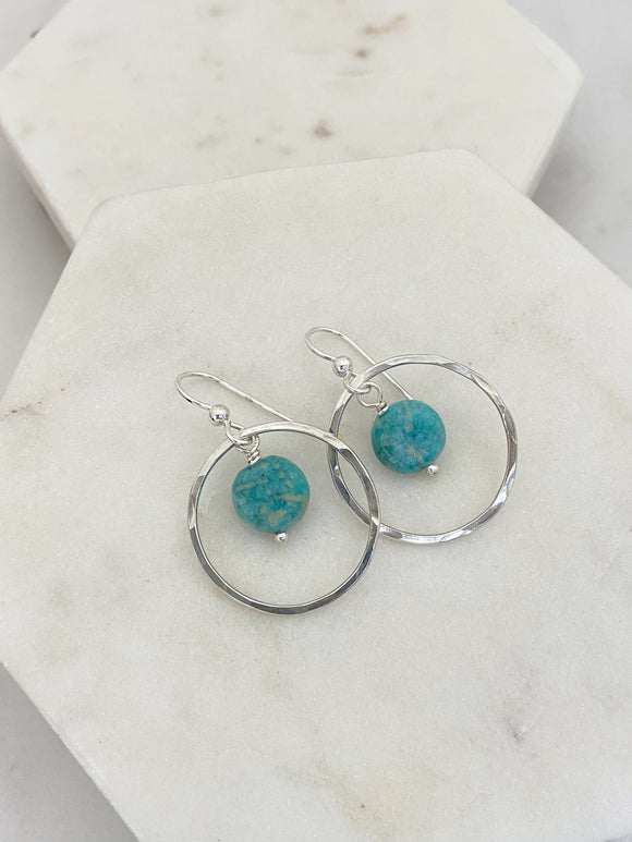 Sterling silver hoop earrings with amazonite gemstones