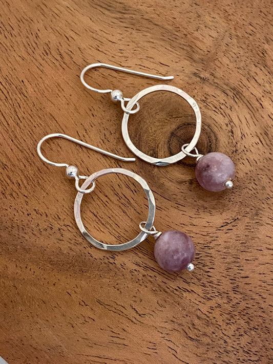 Sterling silver hoop earrings with lepidolite gemstones