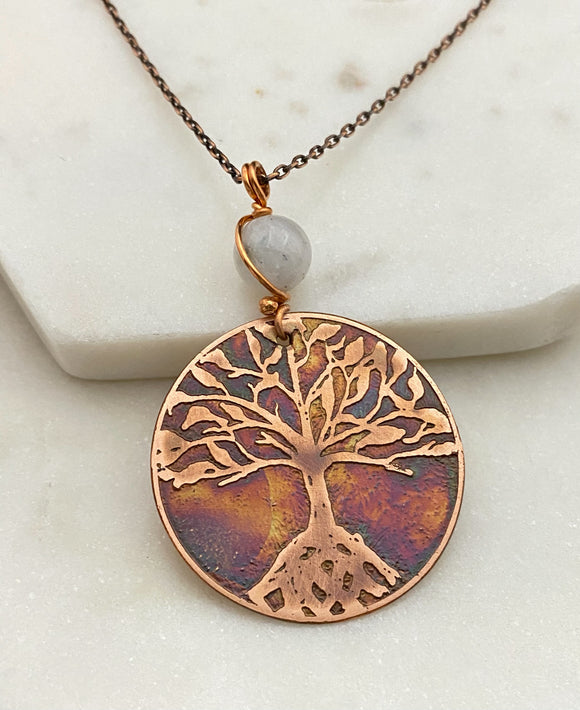 Acid etched copper tree necklace with moonstone gemstone