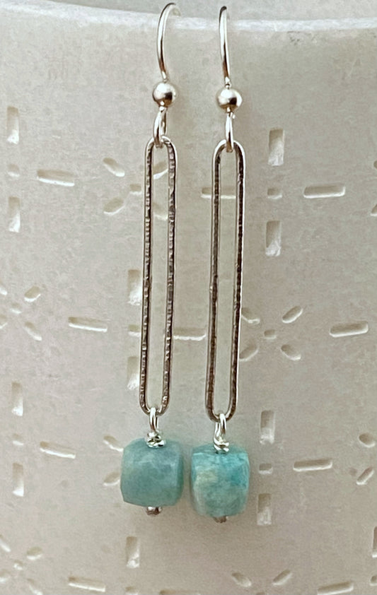 Sterling silver hammer textured oval hoops with amazonite