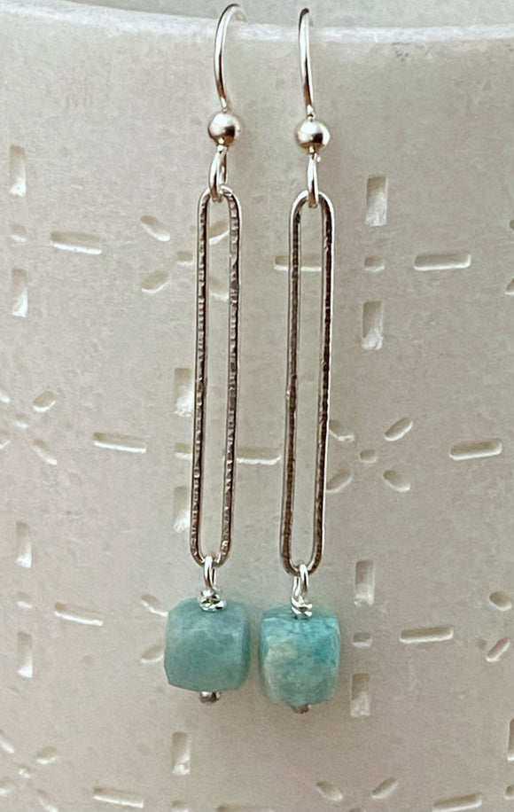 Sterling silver hammer textured oval hoops with amazonite